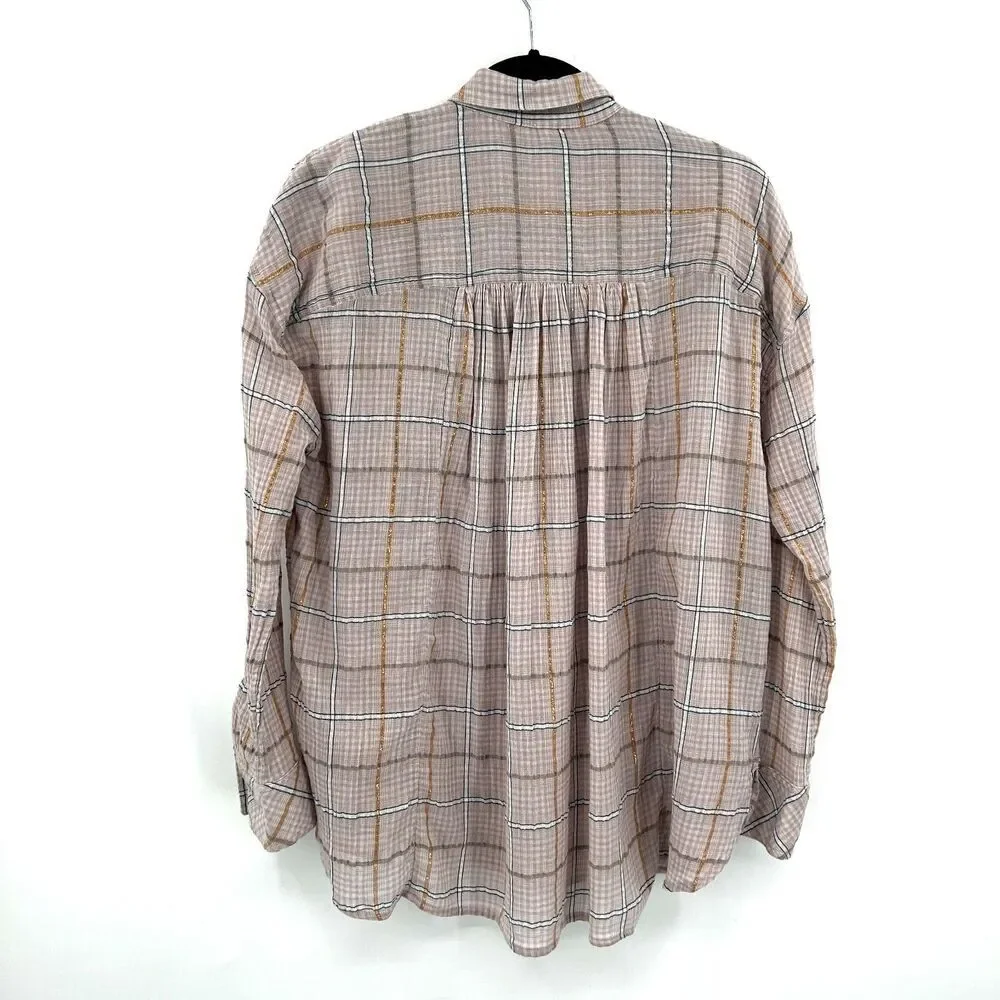 FREE PEOPLE Pink Rose Gold Metallic Plaid Oversized Gauzy Button Up Shirt XS